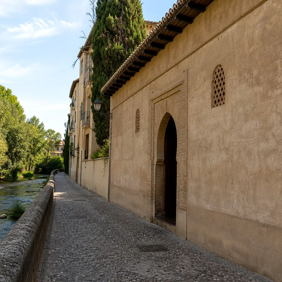 Recreación ilustrativa: Fachada de El Bañuelo en la Carrera del Darro, Granada