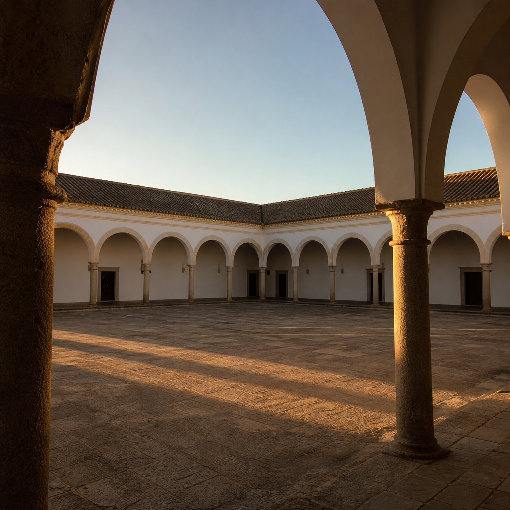 Patio con arcos y columnas de granito del Convento de la Purísima Concepción en Hinojosa del Duque