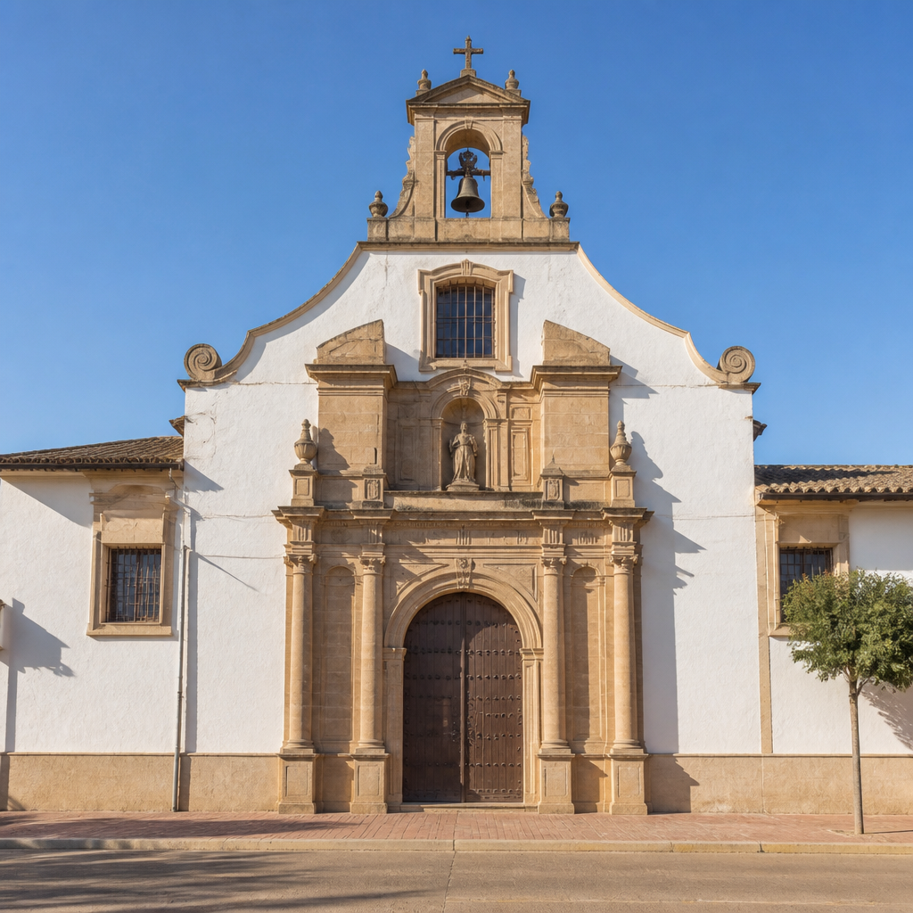 Portada barroca de la Ermita de San Isidro Labrador en Hinojosa del Duque con frontón partido y espadaña