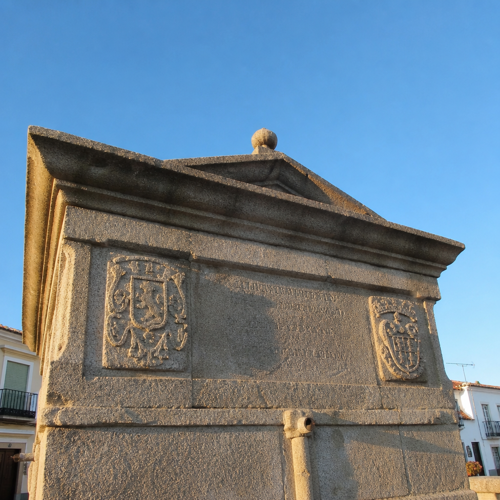 Frontón de 1571 y escudos de la Fuente del Pilar de los Llanos en Hinojosa del Duque