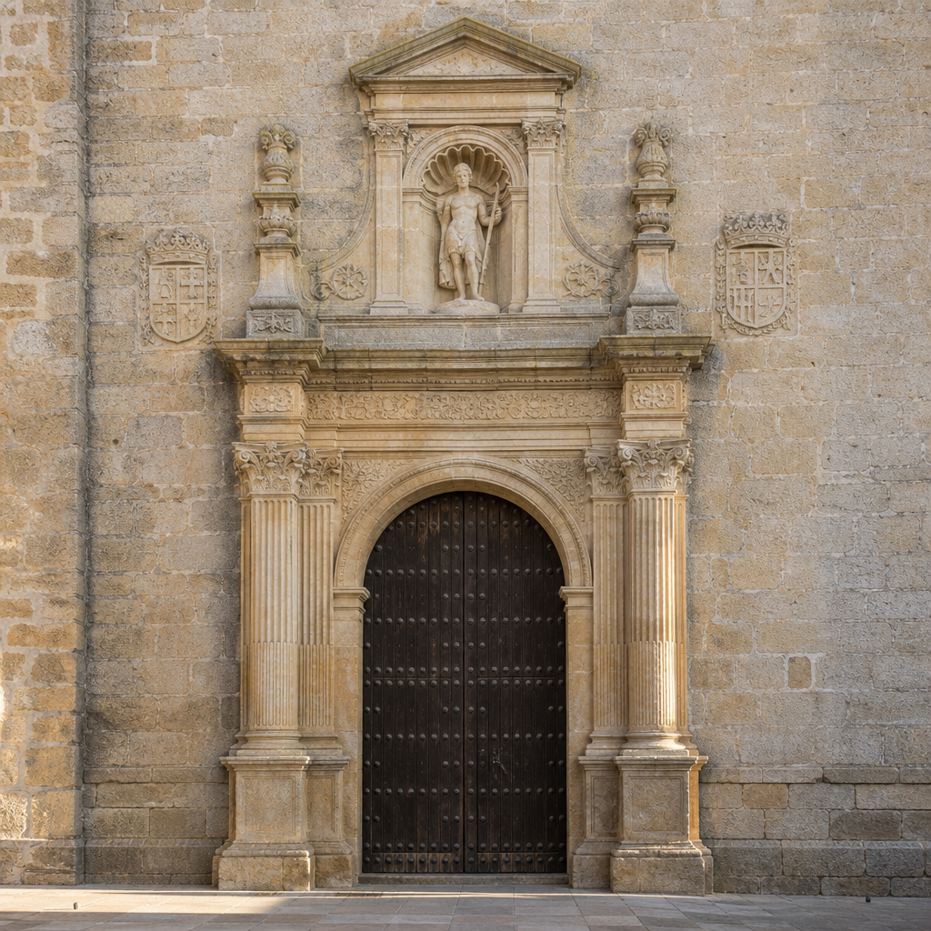 Portada de la Iglesia Parroquial de San Juan Bautista de Hinojosa del Duque con su hornacina