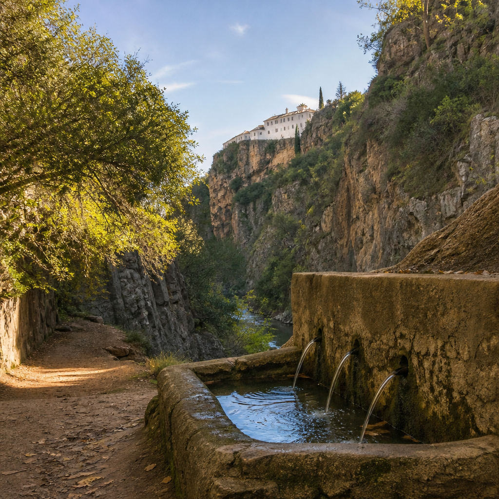 Fuente de los Tres Caños y ruta del Bembézar hacia el convento de Santa María de los Ángeles en Hornachuelos