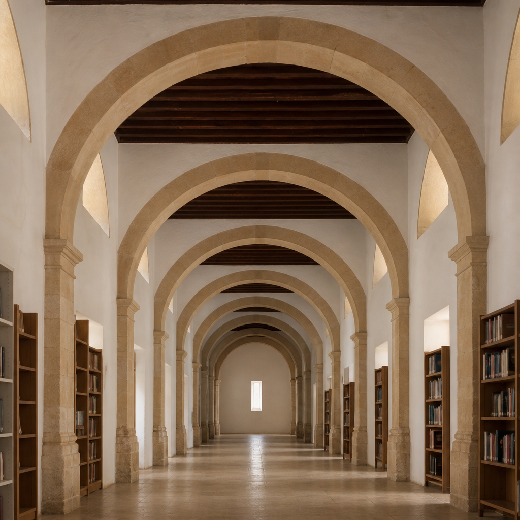 Arquería interior de la biblioteca Julio Burell en el Antiguo Pósito de Iznájar