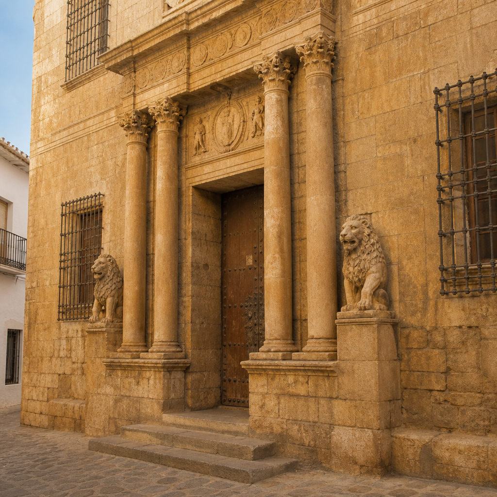 Portada de la Casa de las Columnas en Iznájar con columnas y leones de piedra