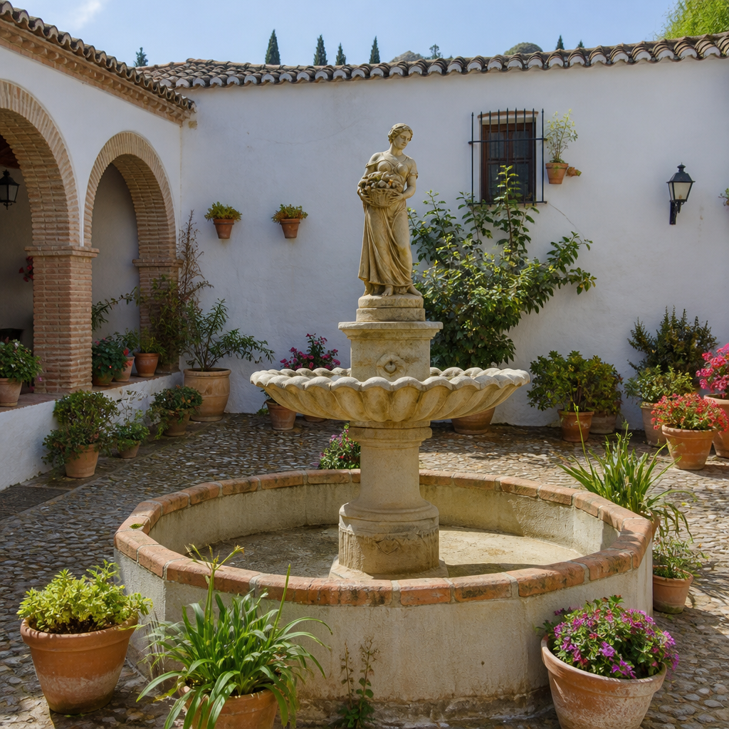 Patio de las Comedias de Iznájar: audioguía del rincón con fuente, zoco y torre