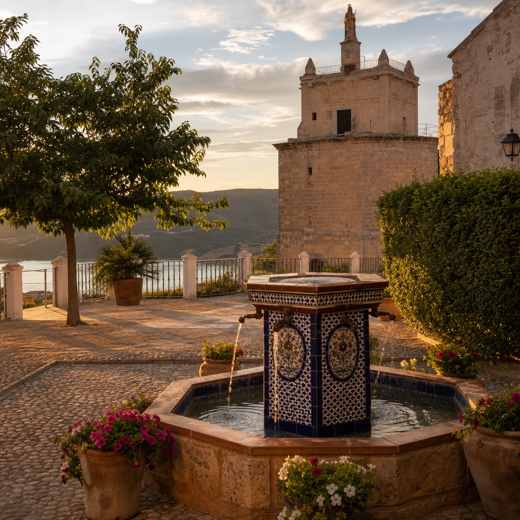 Fuente del Patio de las Comedias de Iznájar con la Torre de San Rafael al fondo