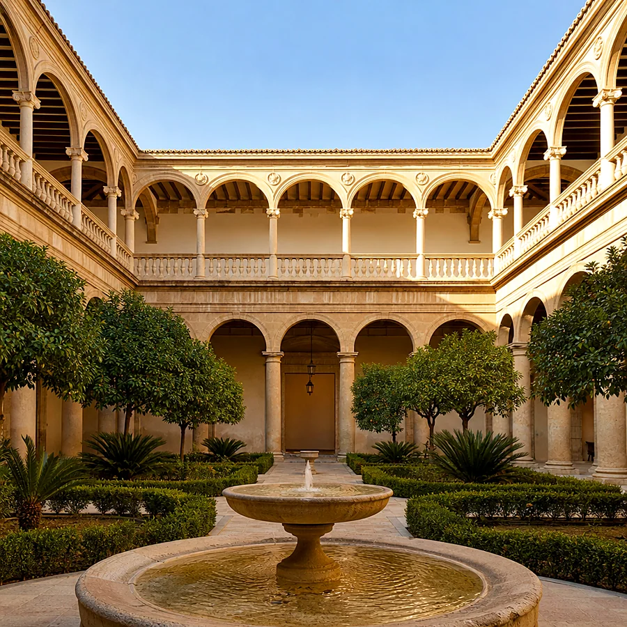 Recreación ilustrativa: Patio renacentista de Jaén en el antiguo hospital con galerías de columnas