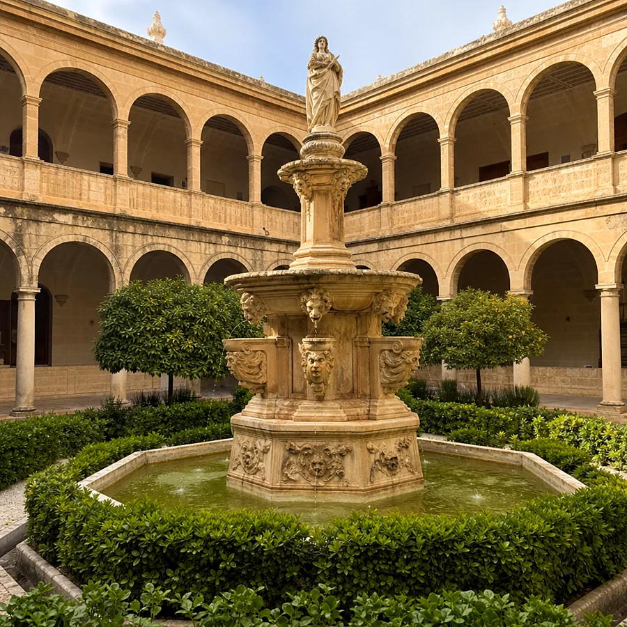 Recreación ilustrativa: Patio del Palacio Provincial de Jaén con la fuente monumental y las galerías porticadas