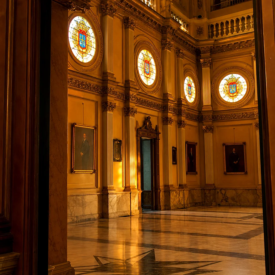 Recreación ilustrativa: Salón de Plenos del Palacio Provincial de Jaén con vidrieras y retratos