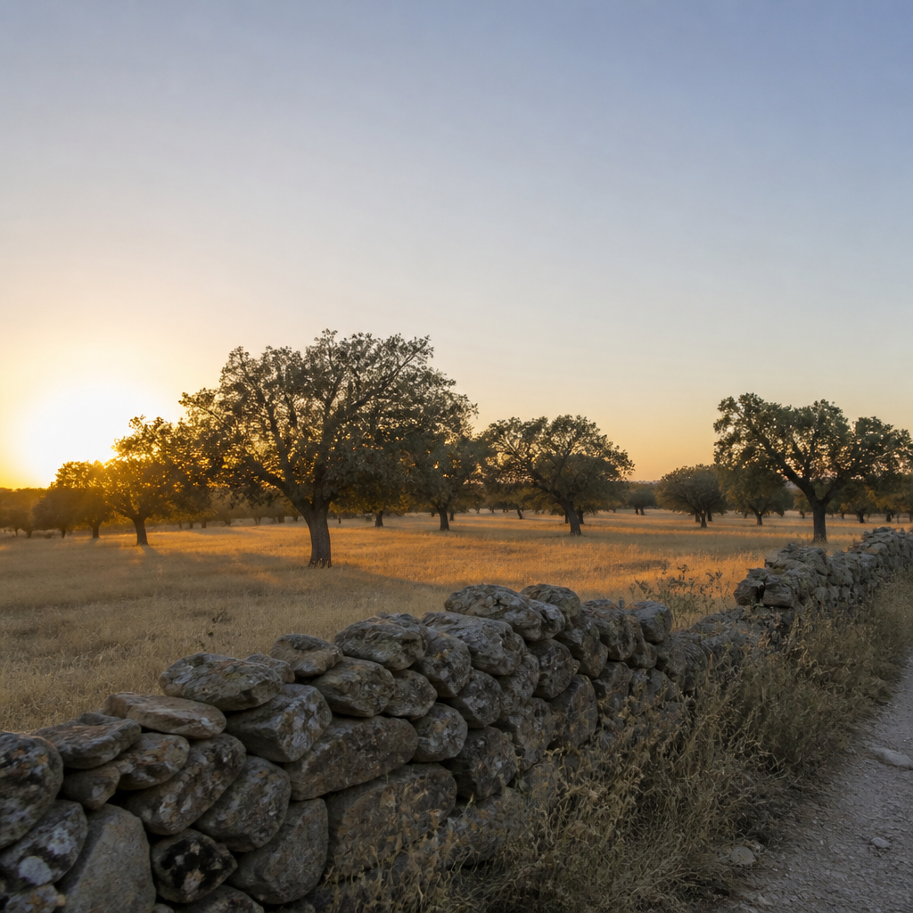 Muro de piedra seca y encinas en la dehesa de Los Pedroches, entorno del jamón ibérico de Dos Torres