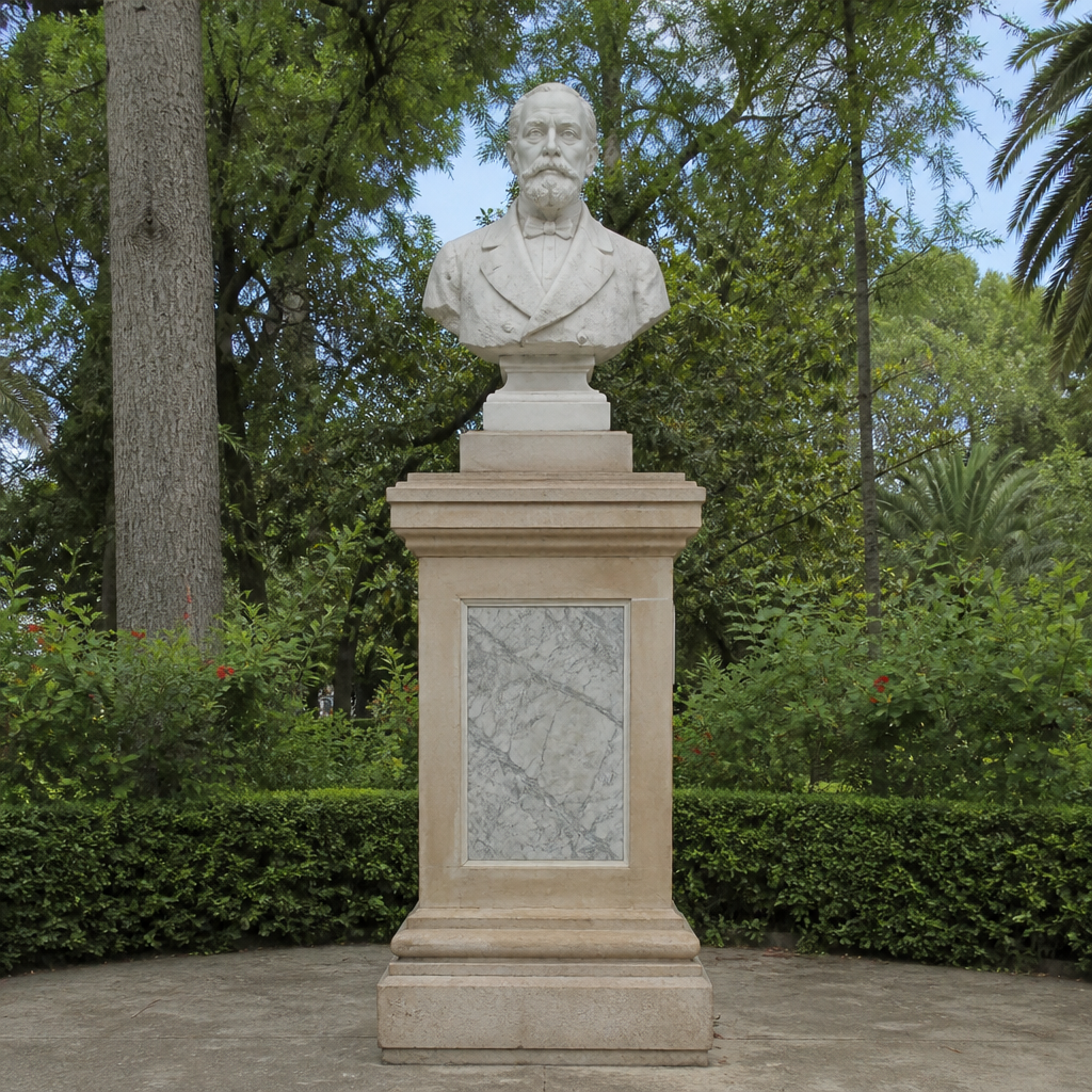 Busto de mármol de Juan Valera en la glorieta central del parque.