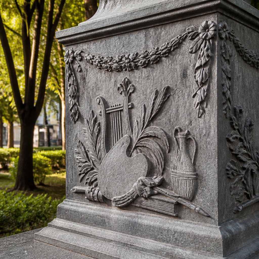 Detalle escultórico del pedestal del monumento a Juan Valera en Cabra.
