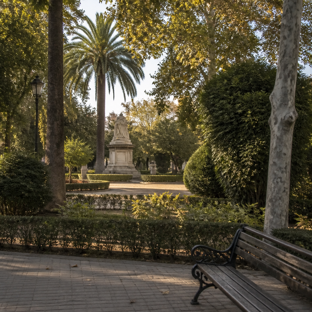 El monumento a Juan Valera visto entre los árboles del parque.