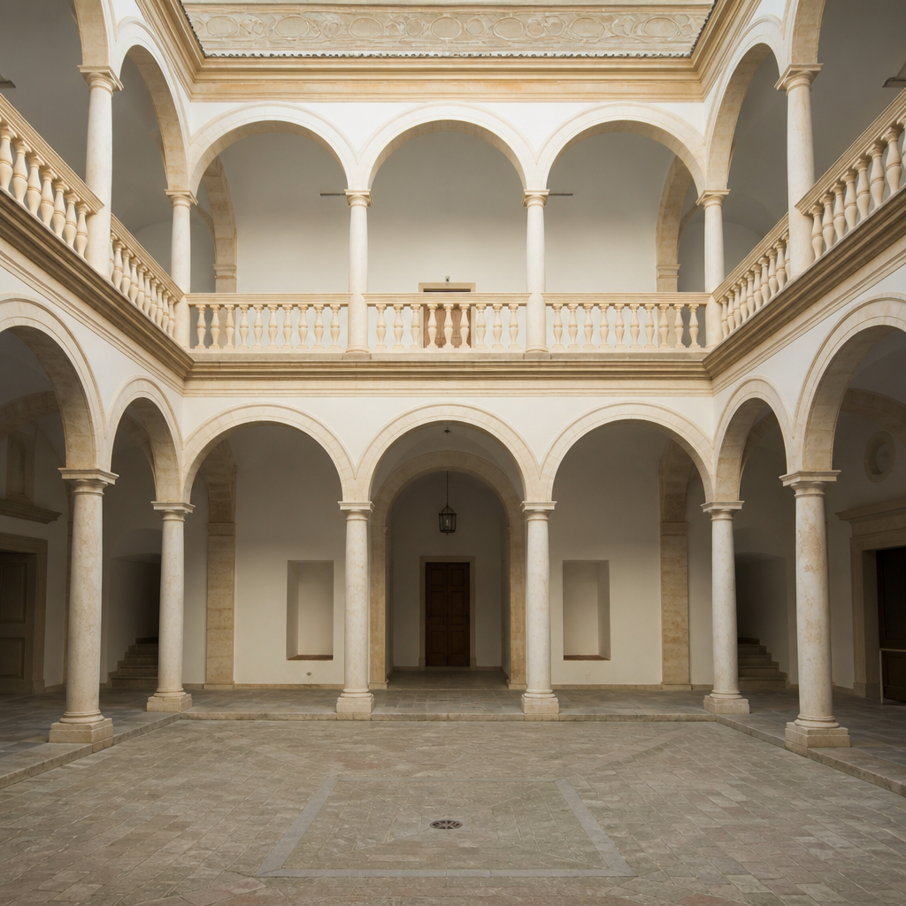 Patio con columnas y arcos del antiguo Palacio de la Subdelegación.