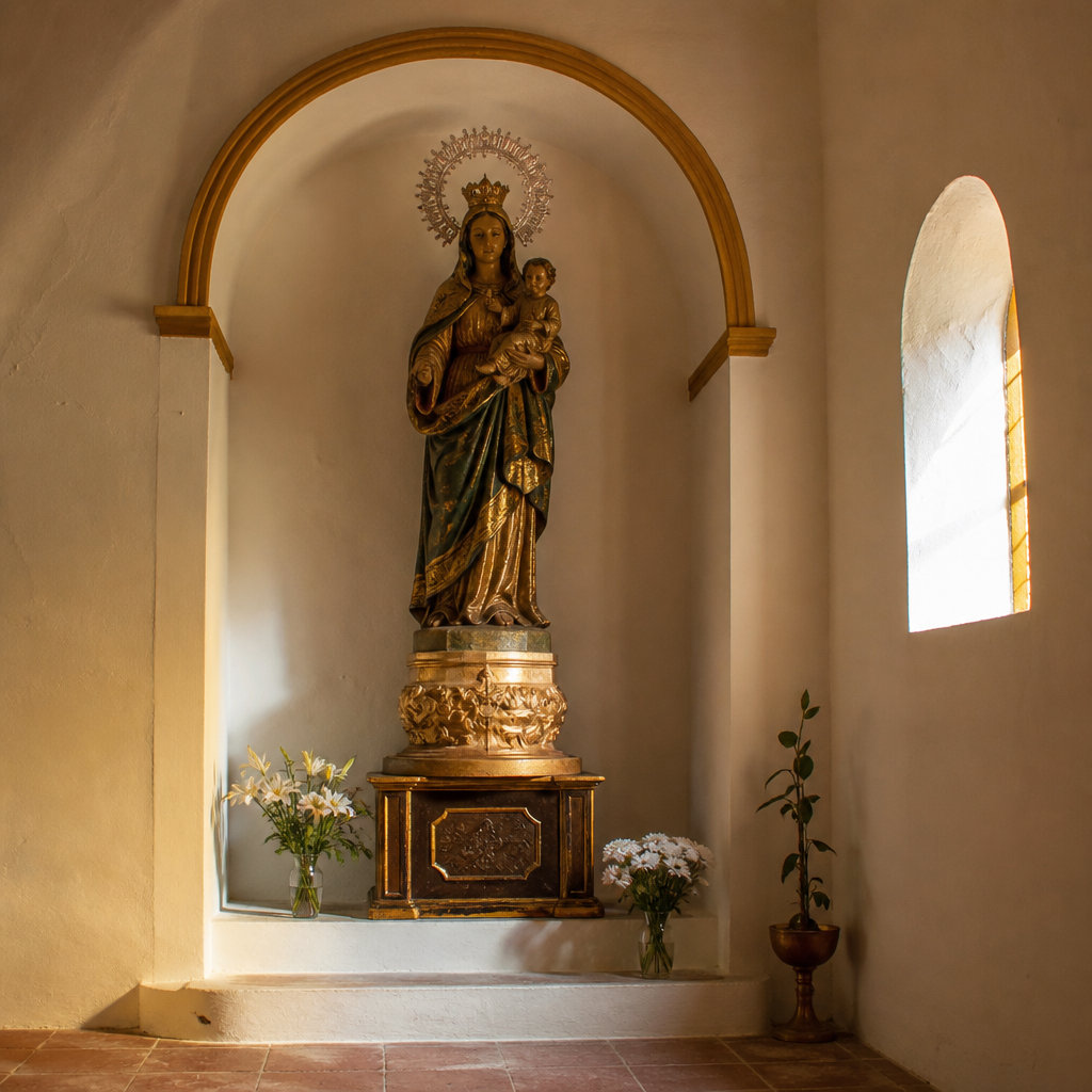 Imagen de Nuestra Señora del Rosario en la iglesia de La Carlota, llegada de Valencia hacia 1946