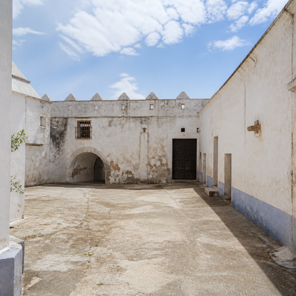 Patio abierto del antiguo molino, visto desde el acceso.