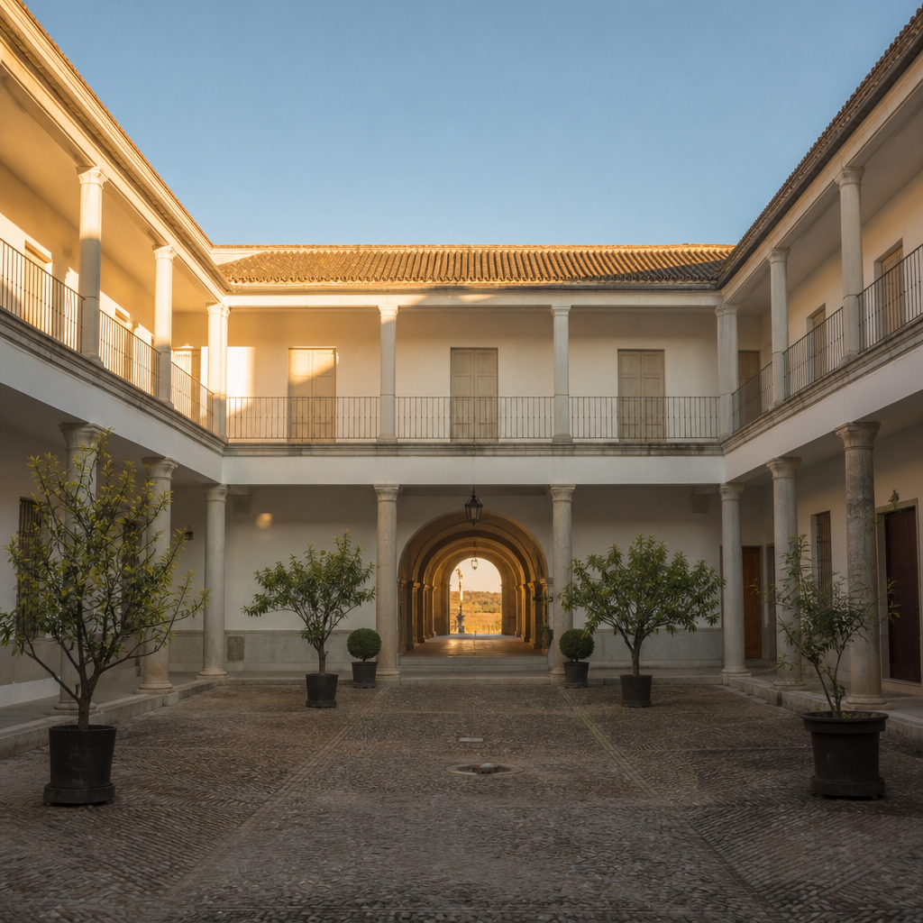 Patio de la fonda de la Real Posada de La Carlota con arcos al fondo