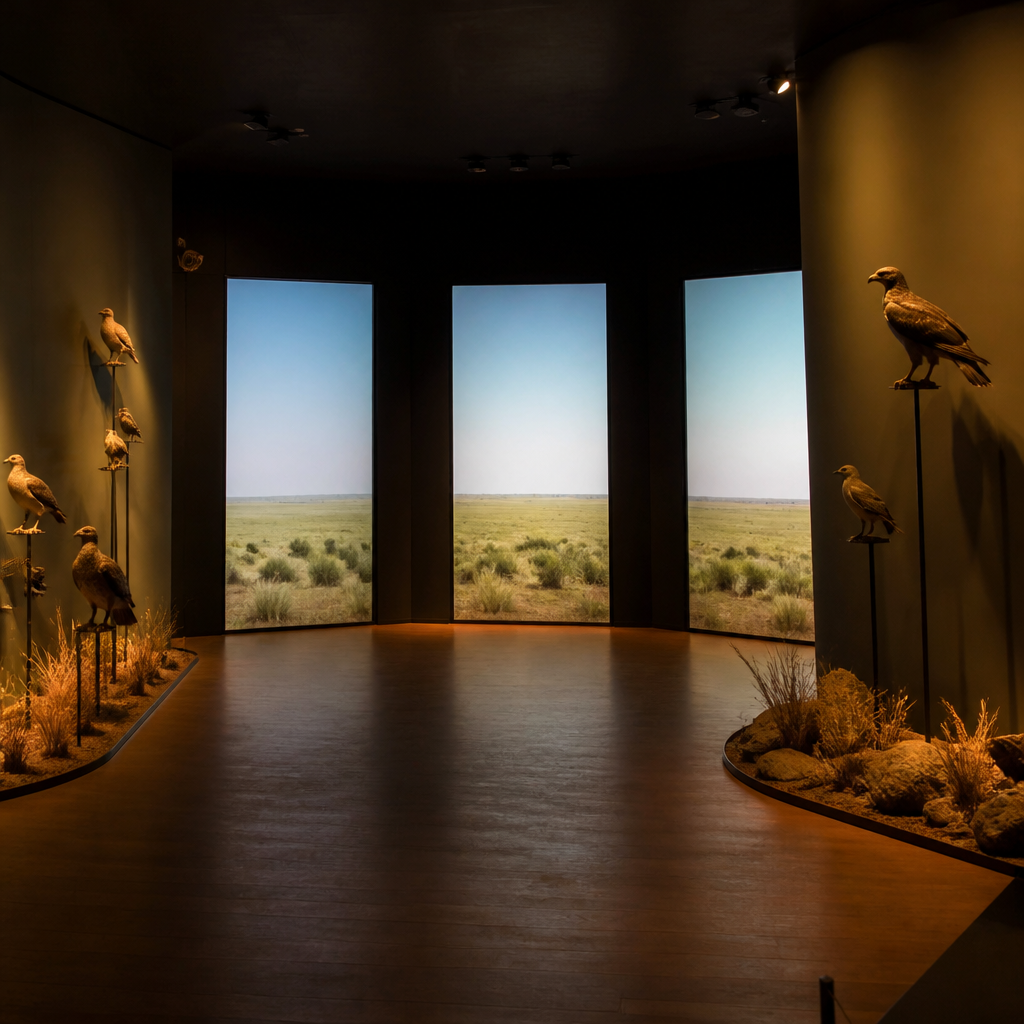 Sala con ventanas virtuales del Centro de Interpretación de Aves Esteparias de La Granjuela