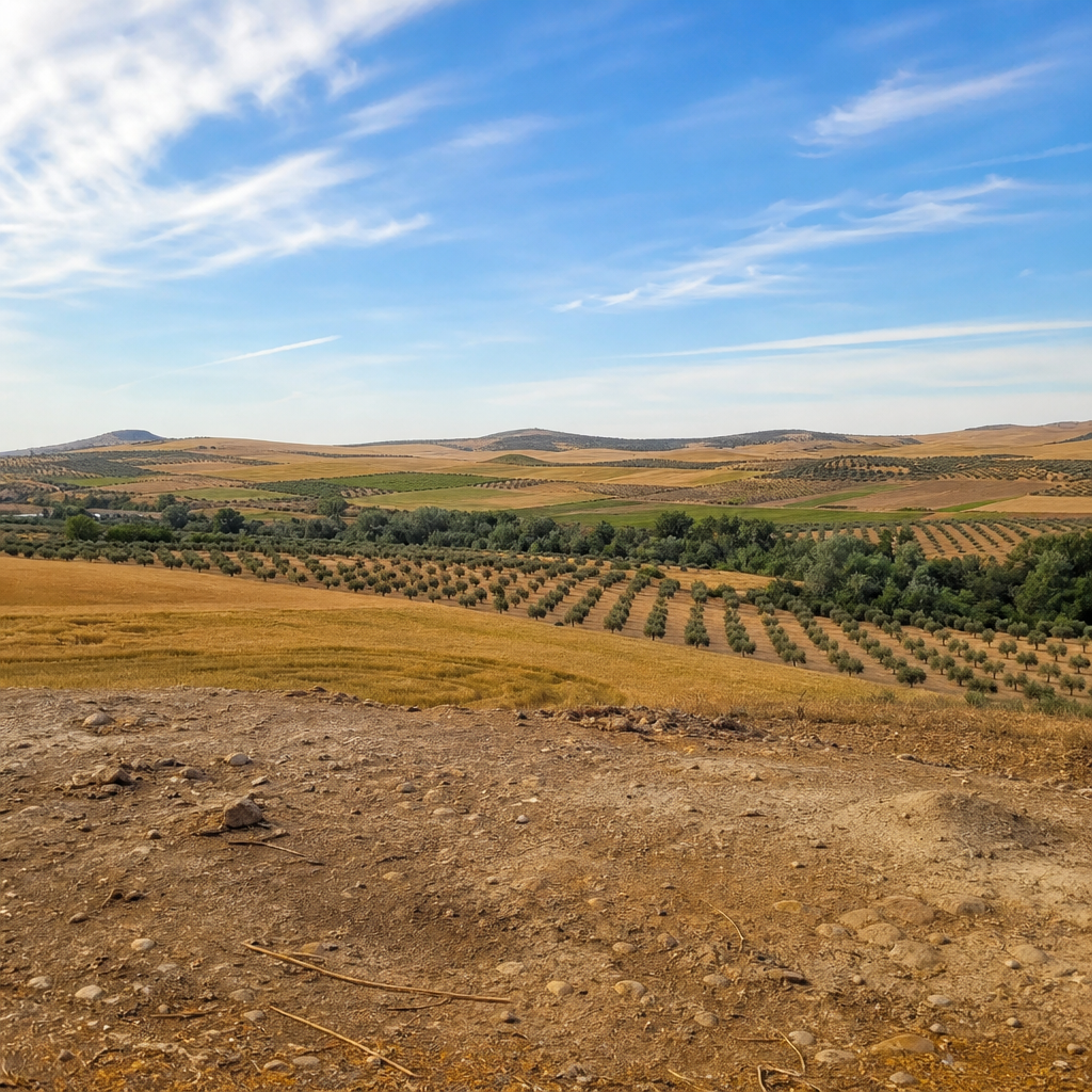 Campos de olivos y cereal junto a la aldea medieval de La Membrilla, La Guijarrosa