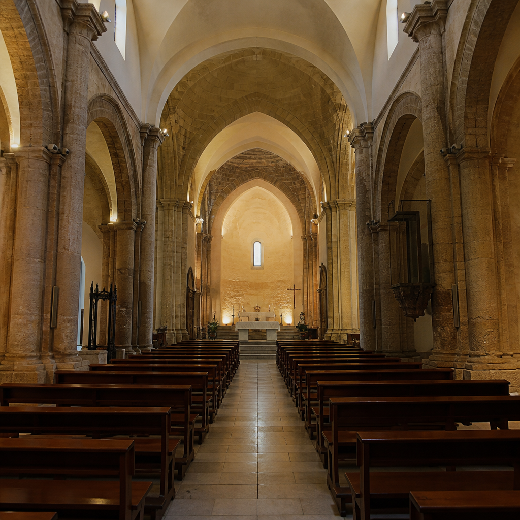 Vista de la nave central hacia el presbiterio y el altar actual.