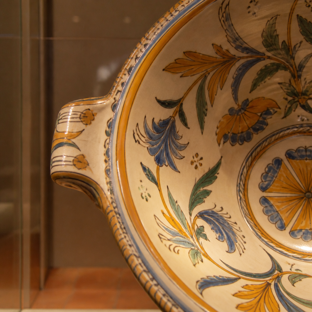 Pieza de cerámica pintada a mano expuesta en el museo.