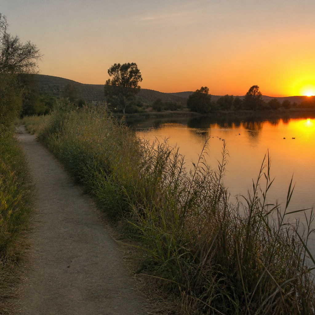 Sendero junto a la laguna de Zóñar al atardecer, en Aguilar de la Frontera