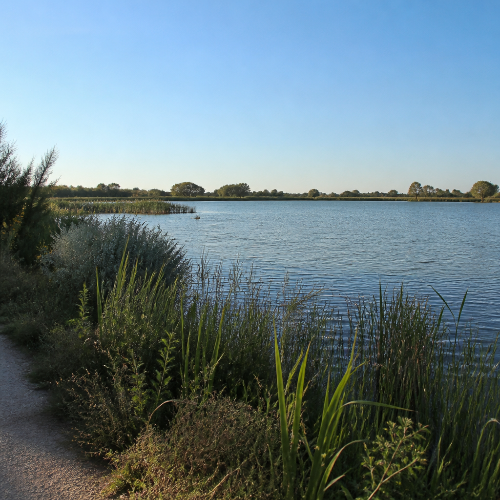 Orilla de la laguna con vegetación de ribera y agua tranquila.