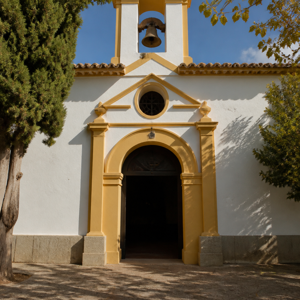 Interior de una ermita de nave única con bóveda de cañón y arcos fajones.