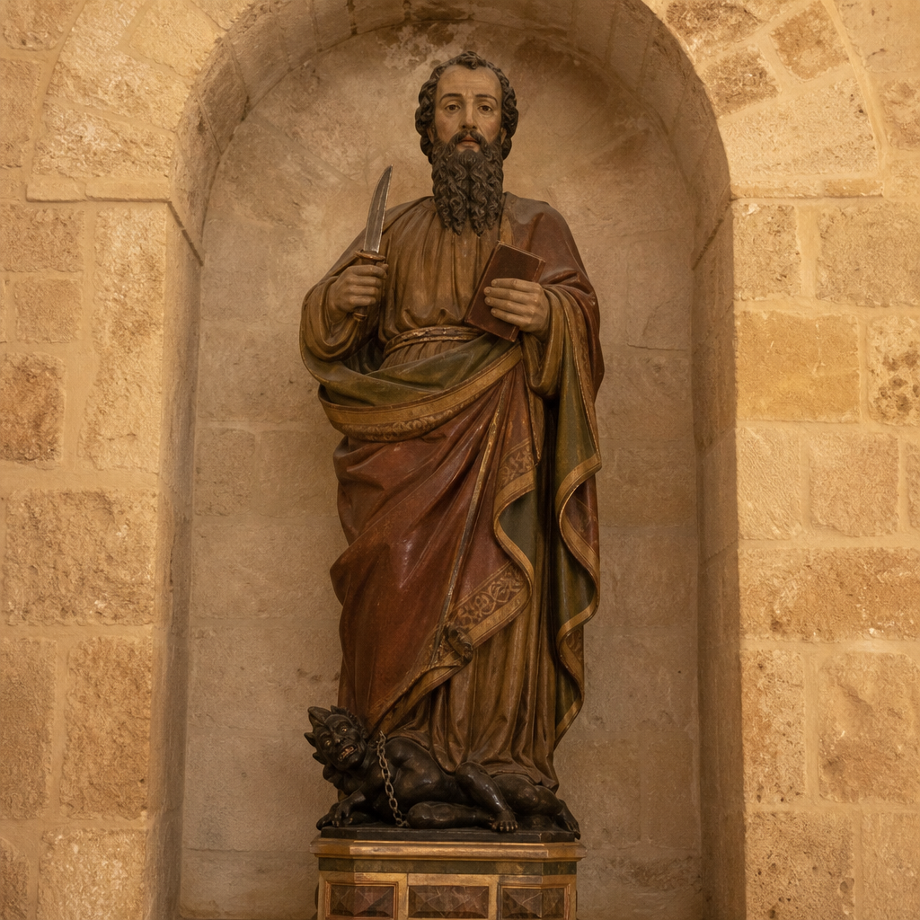 Talla de San Bartolomé con un cuchillo, un libro y un diablo encadenado a sus pies.