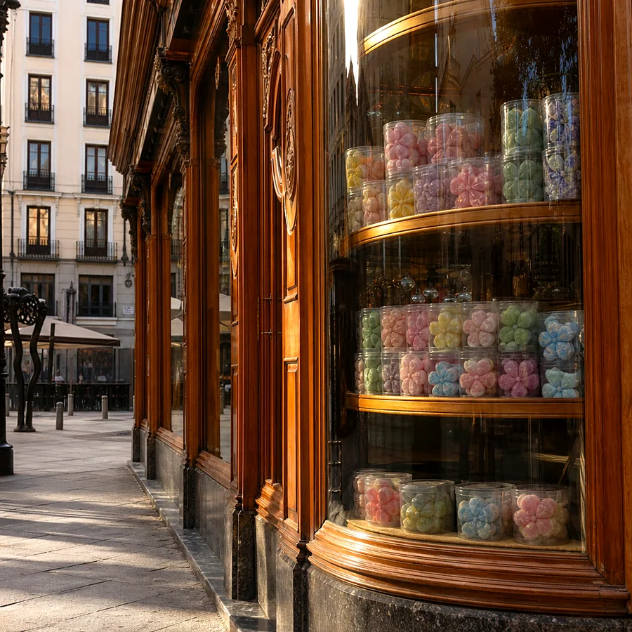 Recreación ilustrativa: Fachada de madera de La Violeta, tienda de caramelos de violeta en Madrid
