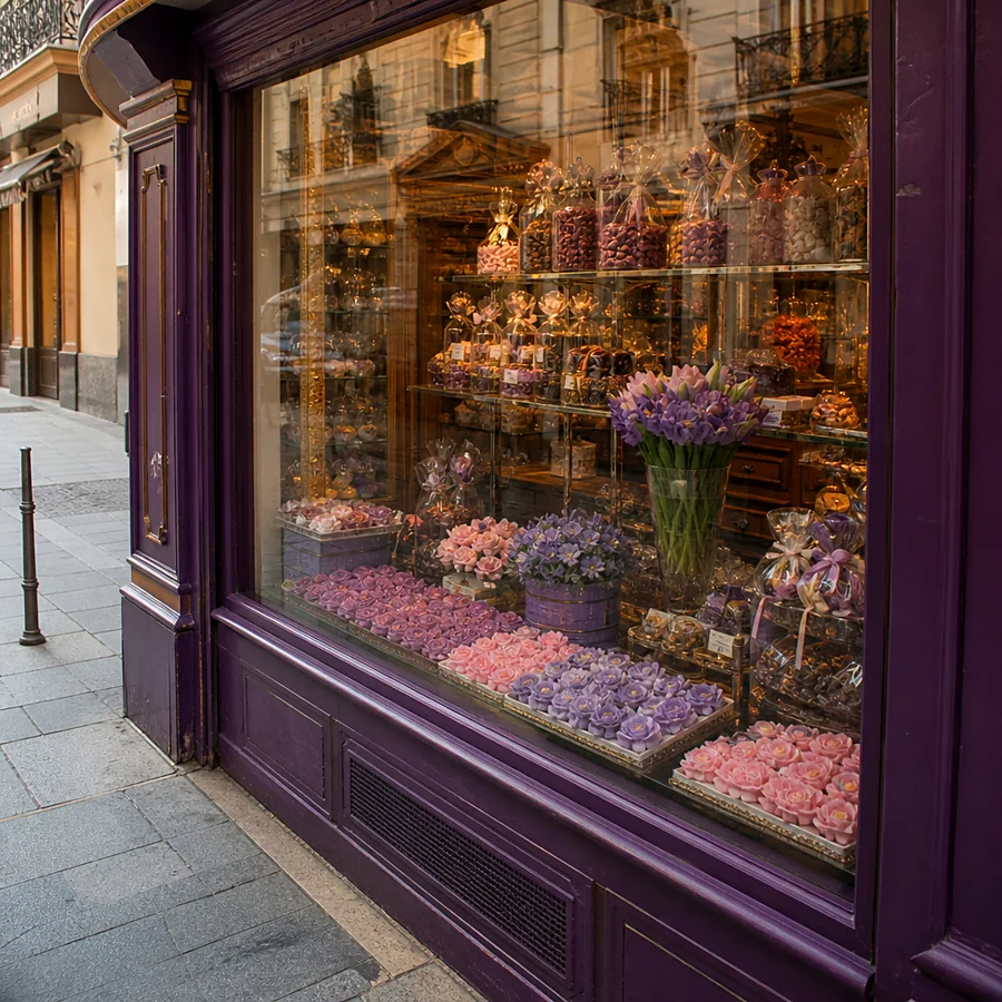 Recreación ilustrativa: Caramelos de violeta y rosa en el escaparate de La Pajarita, Madrid