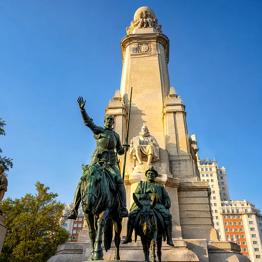 Recreación ilustrativa: Don Quijote y Sancho en el monumento a Cervantes de Plaza de España