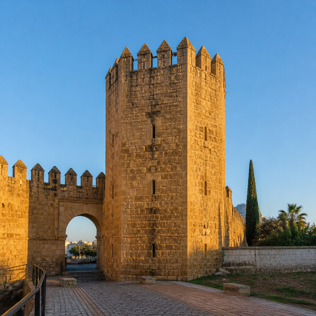 Torre de la Malmuerta completa, con saeteras y merlones, vista desde la calle