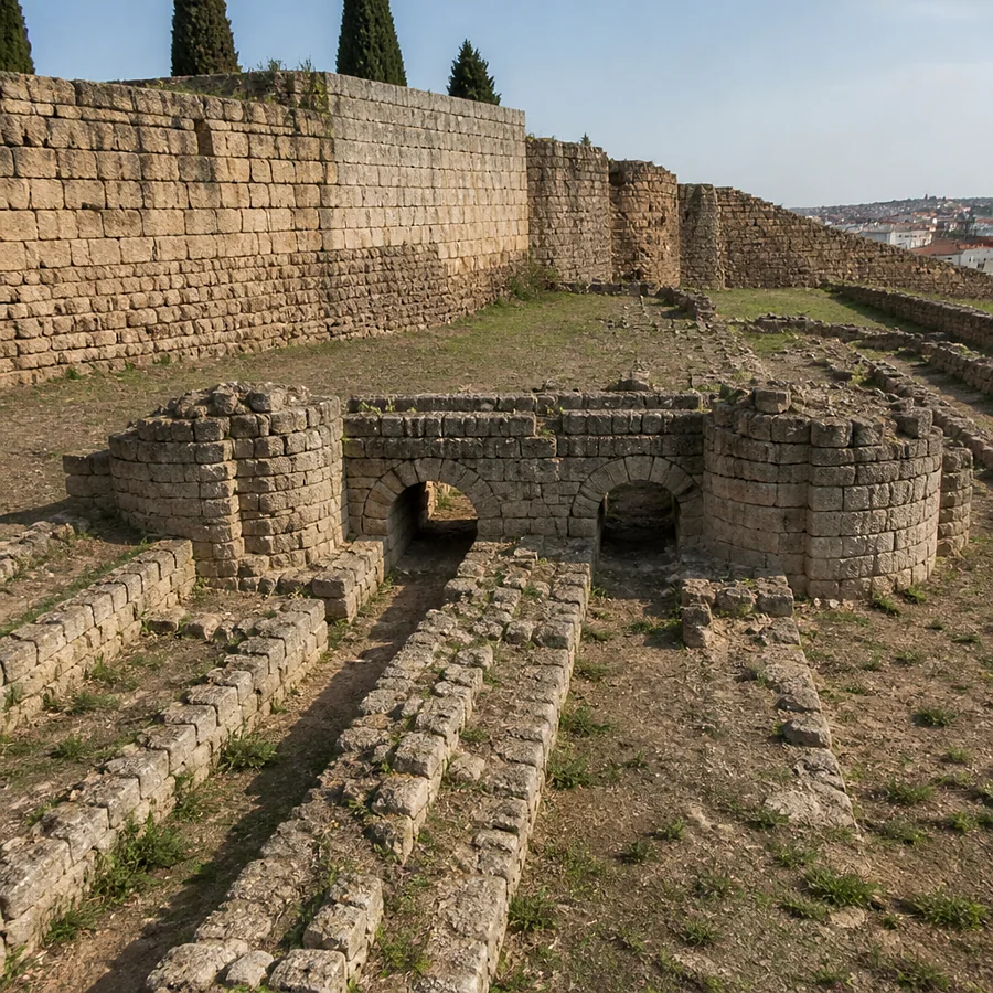 Recreación ilustrativa: Muralla romana de Mérida y cimientos de la puerta dentro de la Alcazaba