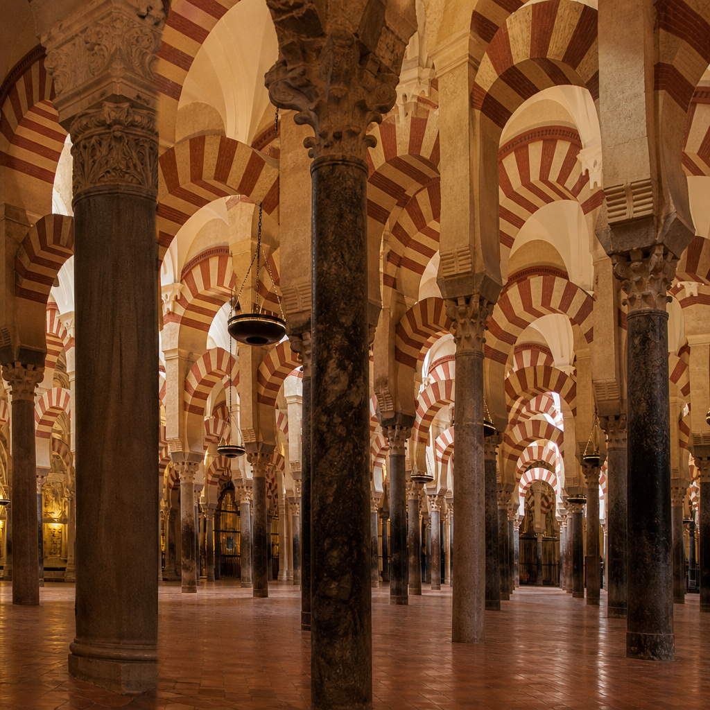Arcos con dovelas pintadas en la ampliación de Almanzor de la Mezquita de Córdoba