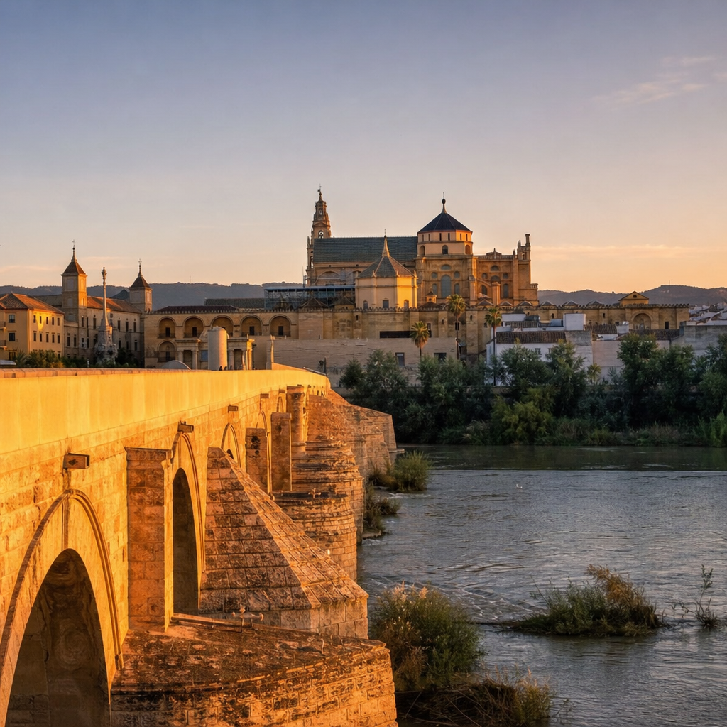 Puente romano, río Guadalquivir y Mezquita-Catedral de Córdoba al atardecer