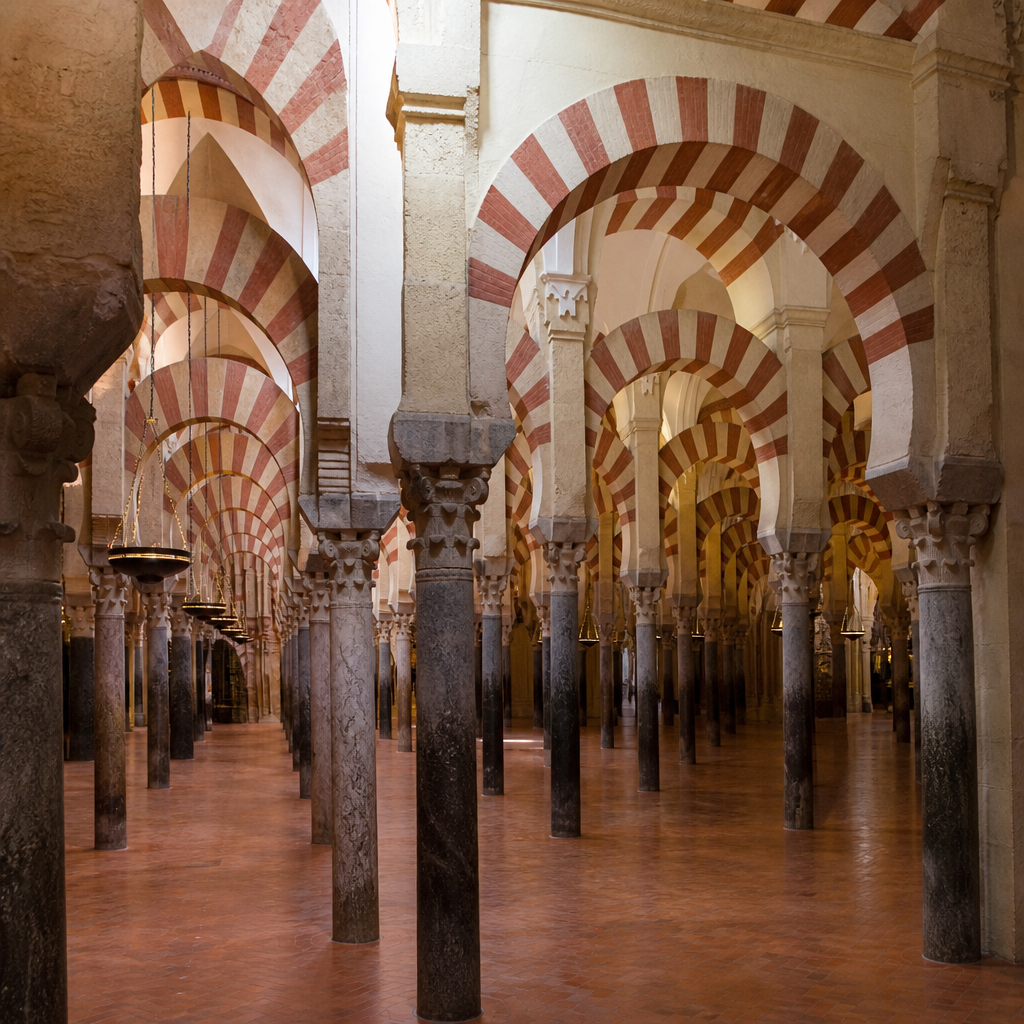 Arcos bicolores de doble altura sobre columnas en la sala de oración de la Mezquita de Córdoba