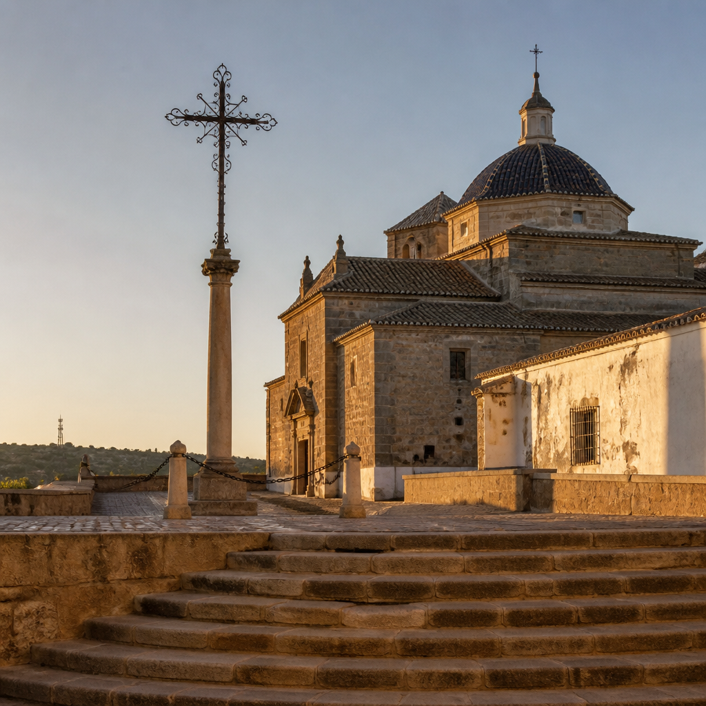 Cruz del Calvario y escalinata junto al santuario en Montalbán de Córdoba