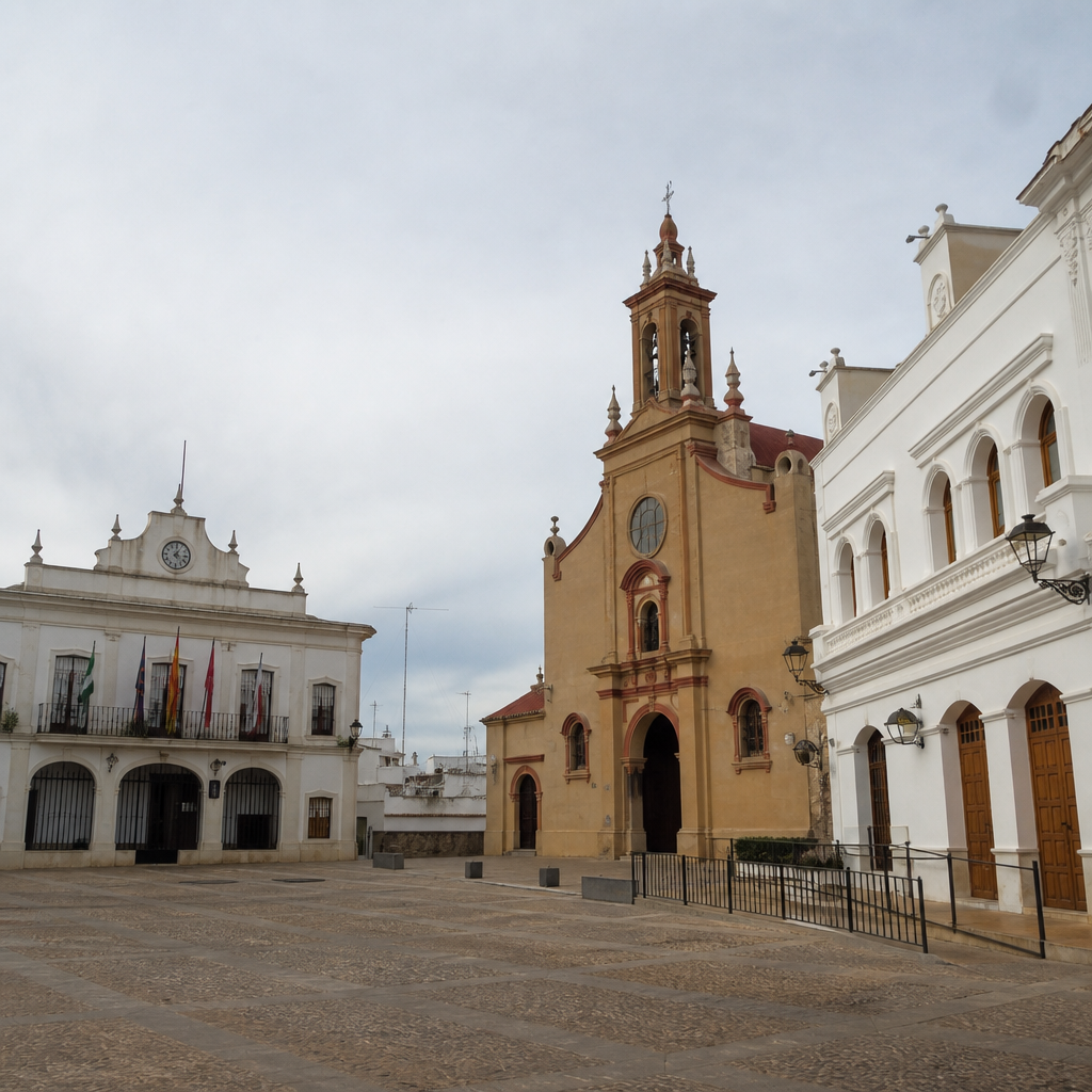 La plaza de Andalucía, con el Ayuntamiento, la iglesia y el teatro.