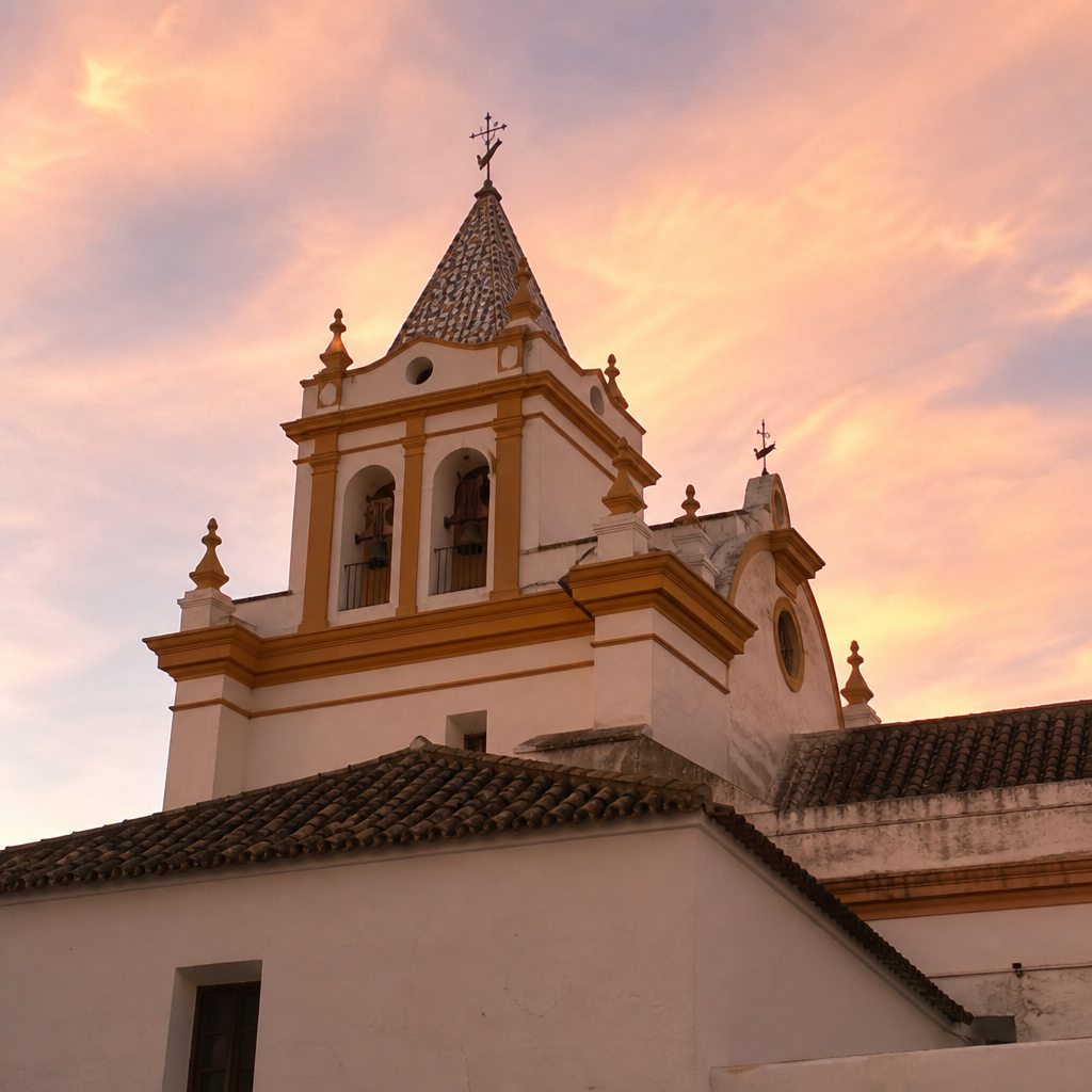 Exterior de la iglesia de Santa María de Gracia al atardecer, turismo en Montalbán de Córdoba
