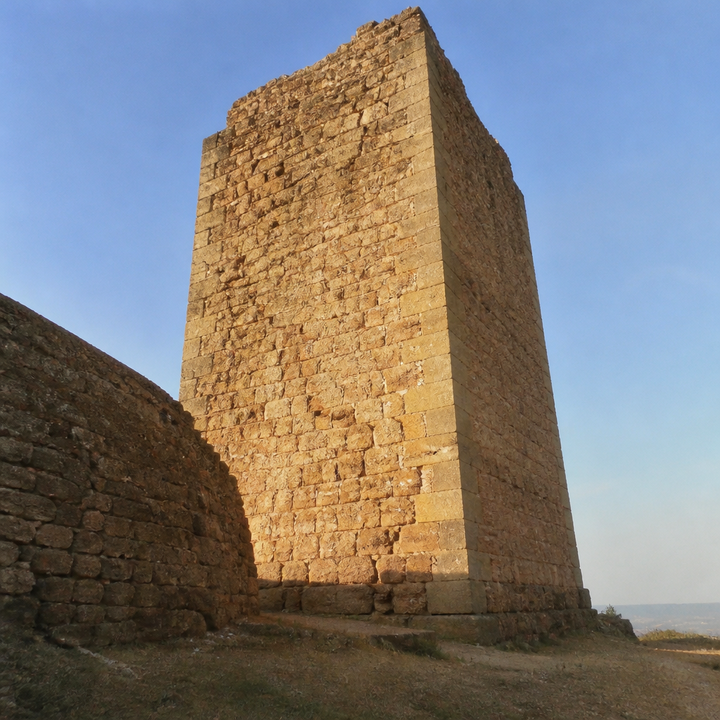 Torre del homenaje desmochada del Castillo de Dos Hermanas en Montemayor, vista desde su base.
