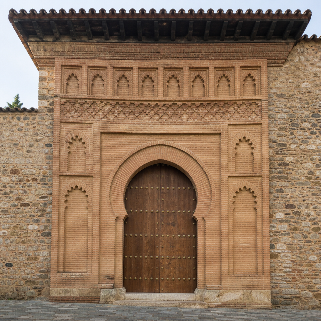 Portada mudéjar de ladrillo visto y puertas de madera de la ermita.
