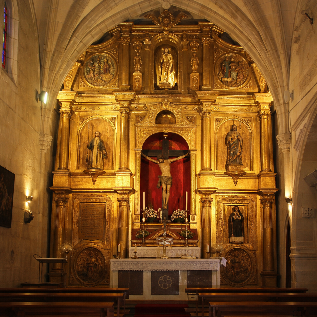 Retablo mayor dorado del presbiterio, con medallones e inscripción.