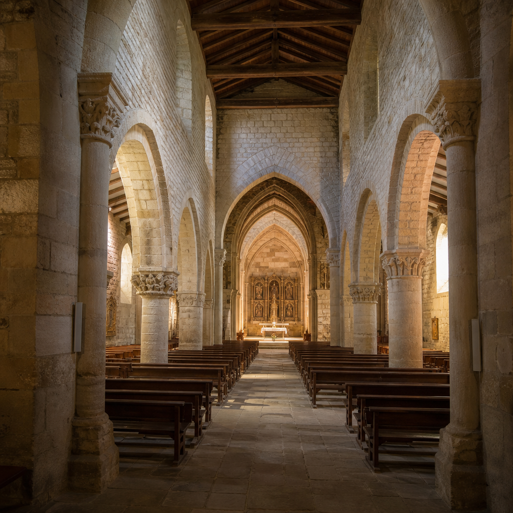 Naves y columnas con capiteles romanos en la iglesia de la Asunción de Montemayor