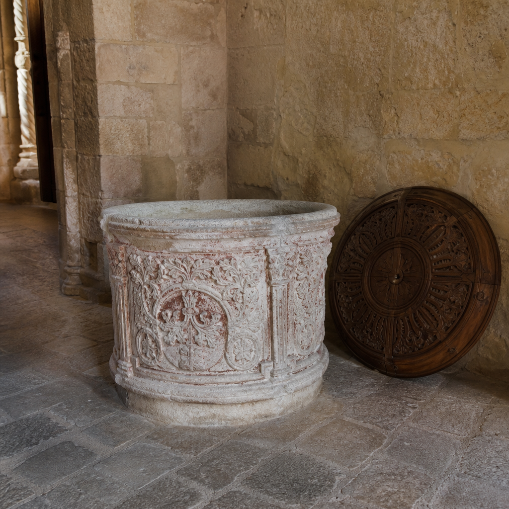 Pila bautismal plateresca de 1539 en la iglesia de la Asunción de Montemayor