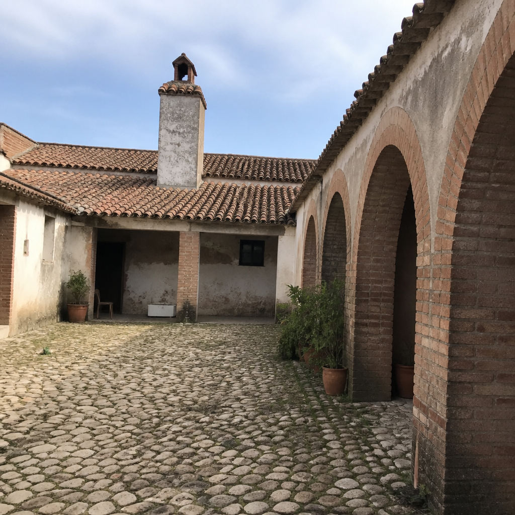 Patio con empedrado de bolos y chimenea campera en la Tercia de Montemayor