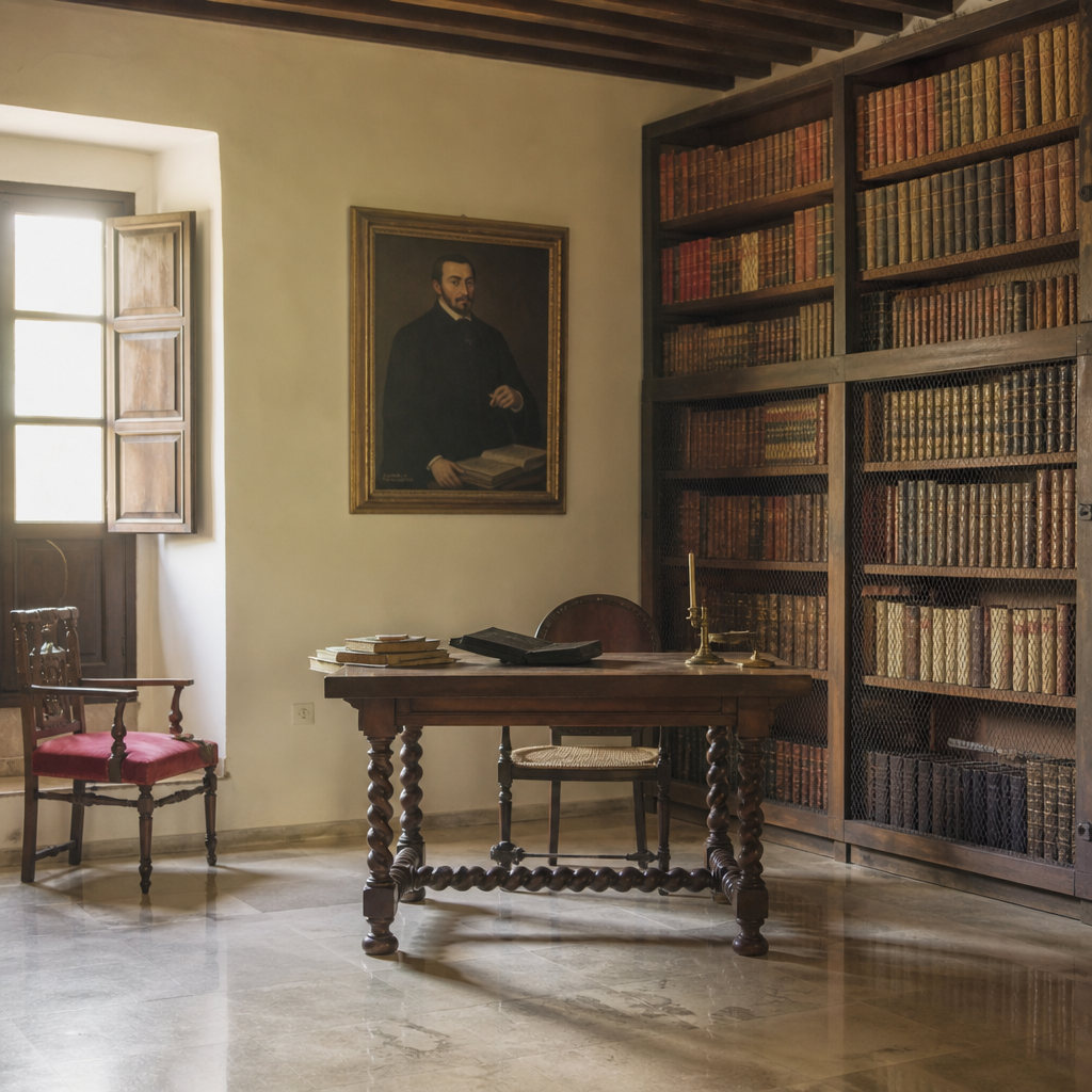 Biblioteca y despacho de la Casa del Inca Garcilaso de la Vega en Montilla con retrato del Inca