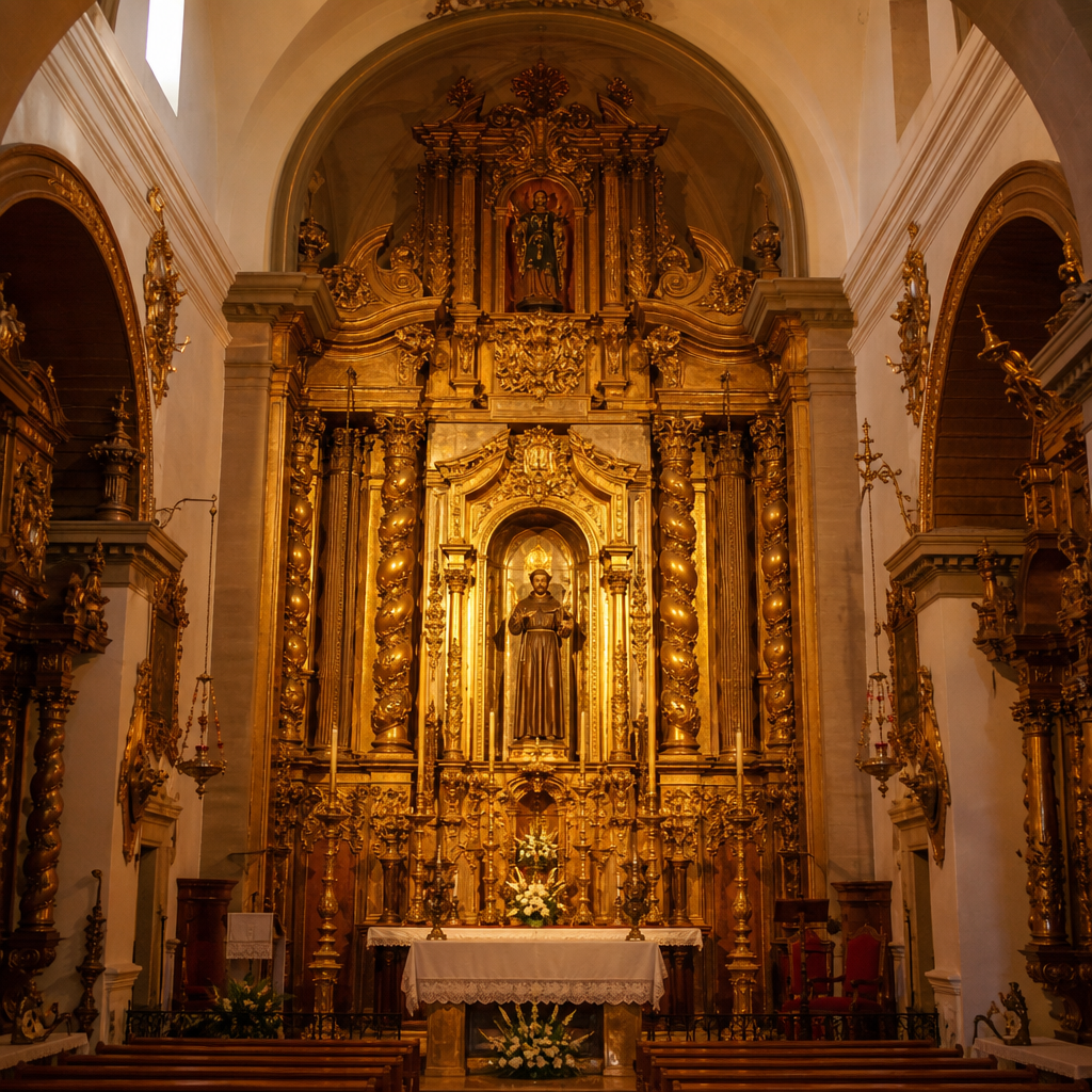 Retablo mayor e imagen de San Francisco Solano en la parroquia de Montilla