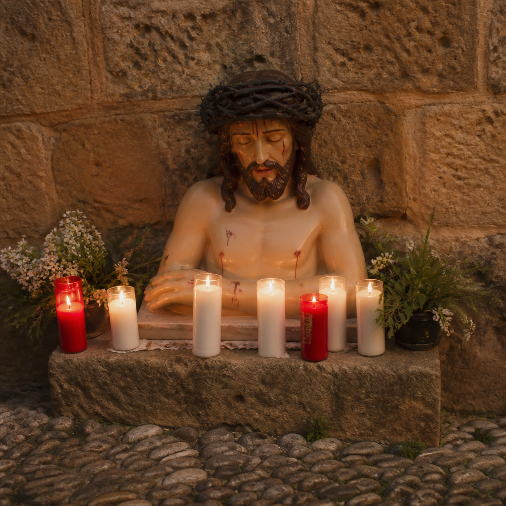 Velas votivas ante el busto del Cristo de Limpias en el Altar del Postigo de Montoro