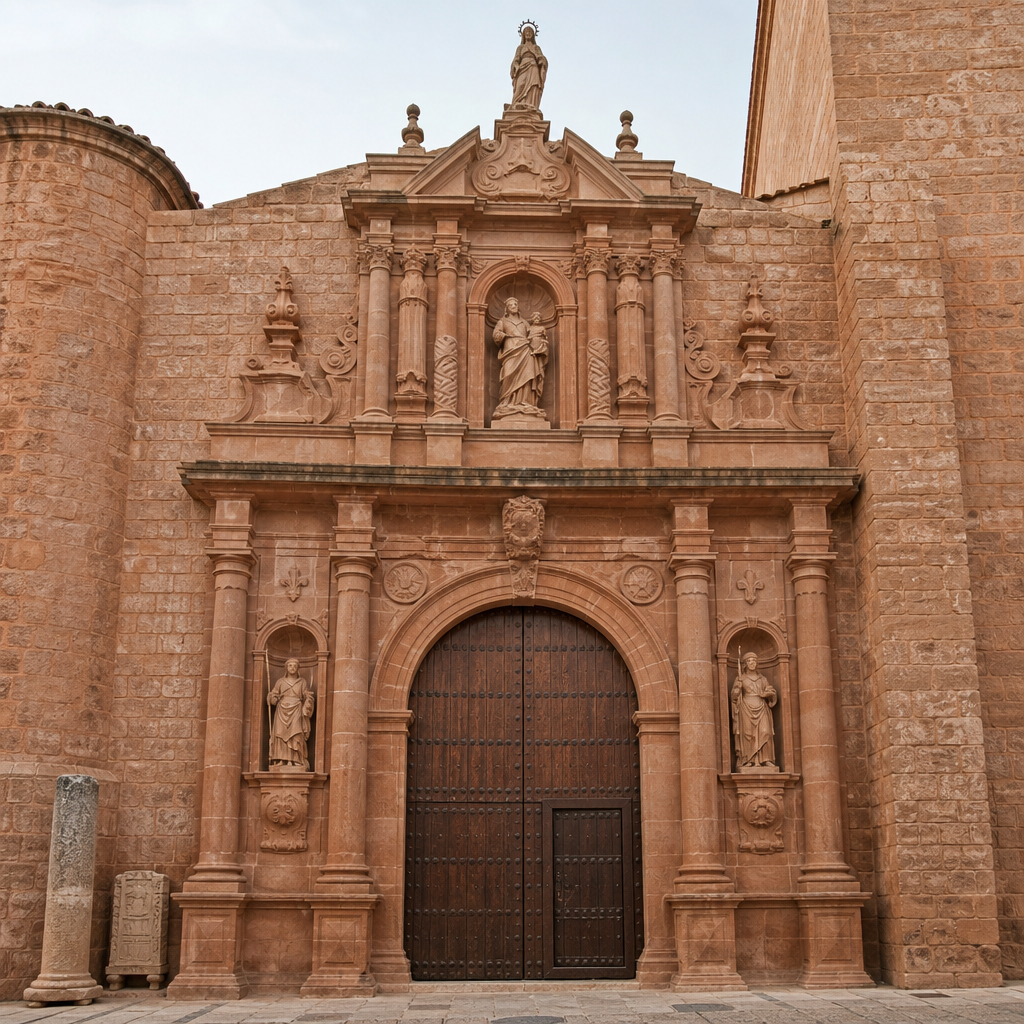 Portada de piedra rojiza con esculturas de santos y la Virgen del Rosario.